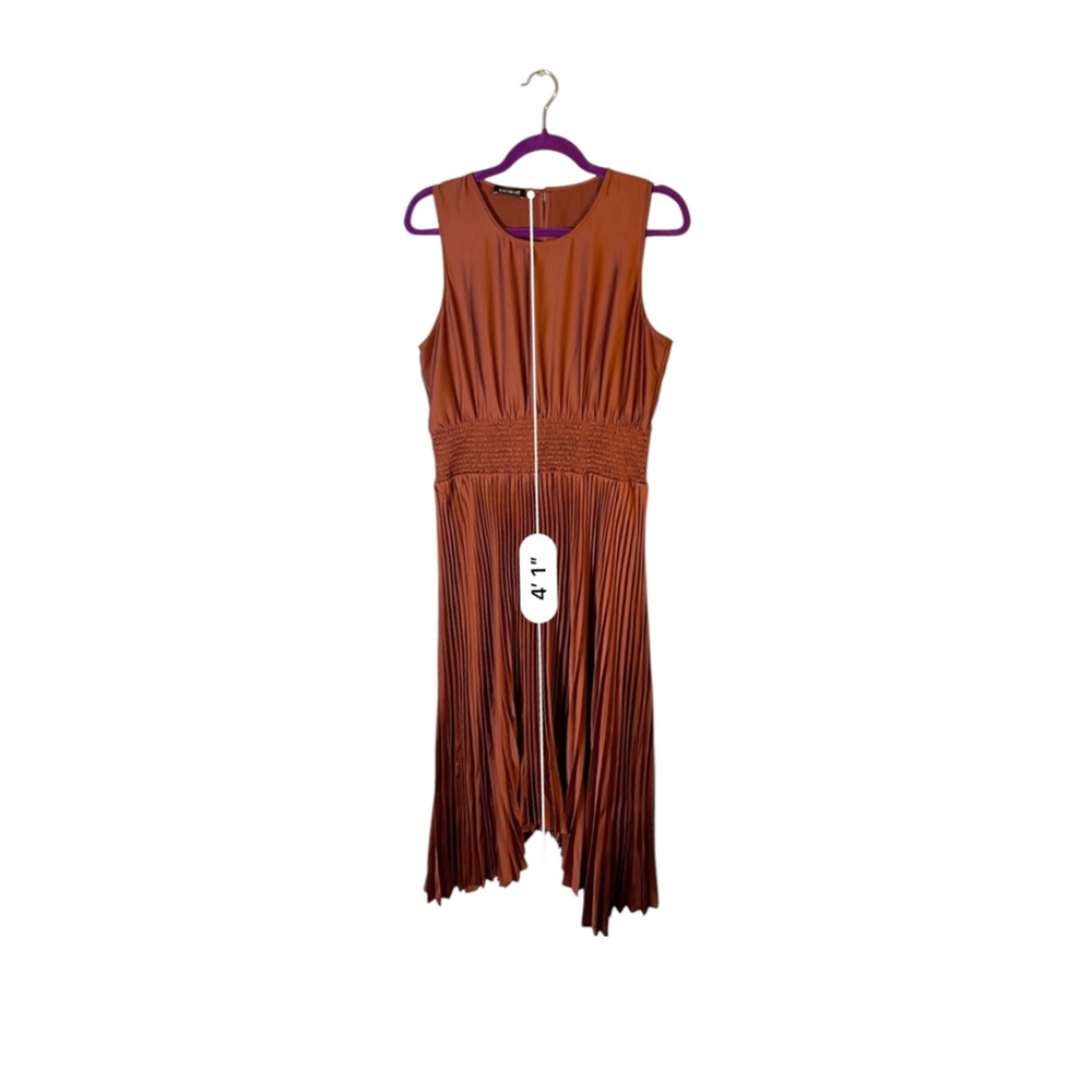 L Express burnt orange, rust, satin sleeveless,pleated skirt asymmetric hemline - Picture 8 of 8